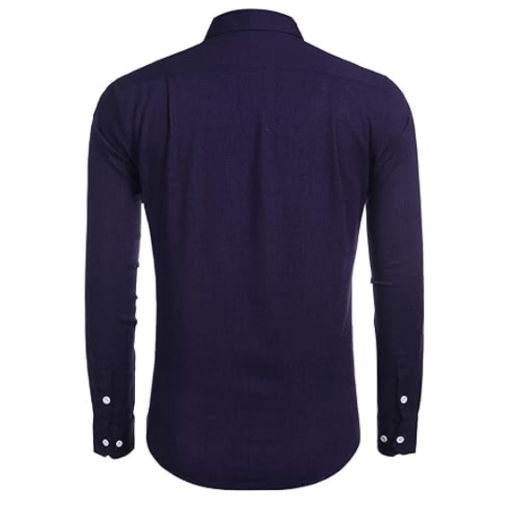 Men's Casual Button Down Shirt Long Sleeve Linen Chambray Navy Blue - Picture 3 of 5